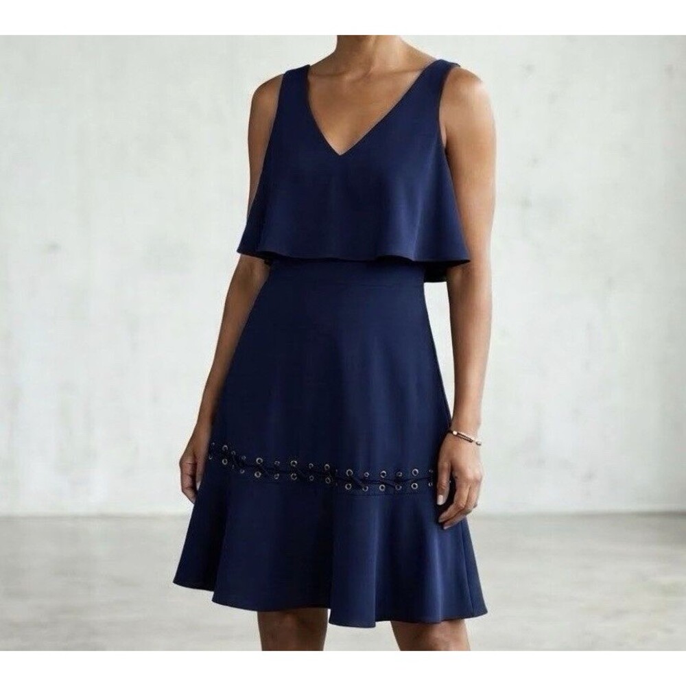 Belle Badgley Mischka Fiona Dress Navy Blue Ruffle 8 Lace Up Grommet Sleeveless